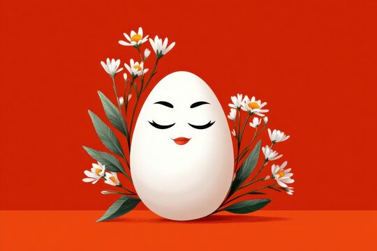 Calm white egg with closed eyes and floral crown on red background, peaceful spring illustration