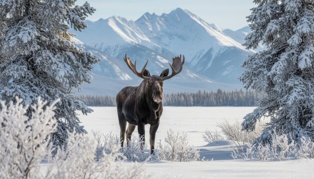 Bull moose standing in snowy winter landscape