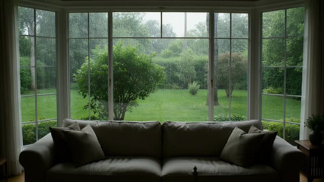 Comfortable sofa overlooks a bay window revealing a serene, rainy green garden with trees