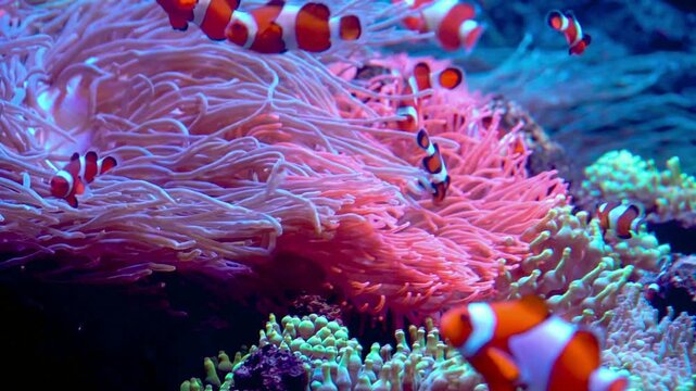 Vibrant clownfish swimming near colorful sea anemone underwater