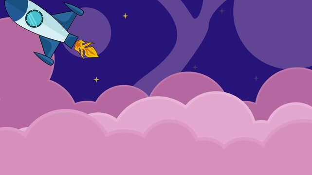 Stylized pixelated cartoon rocket blasting through soft pink clouds under a dark night sky.