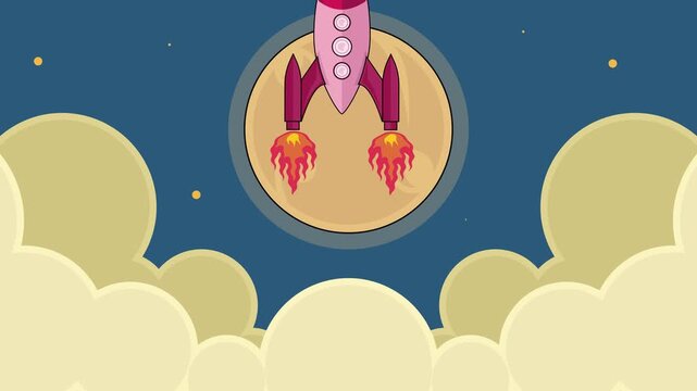 Vibrant pixel art rocket blasts off with fiery exhaust, ascending high above stylized clouds.