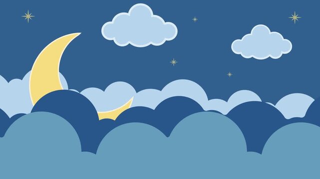Serene cartoon night sky featuring a yellow crescent moon peeking through soft blue clouds and tiny stars.