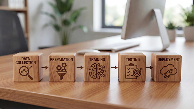 Artificial intelligence development pipeline stages concept for machine learning model lifecycle training testing and production deployment