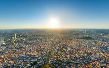 Fototapeta premium Istanbul, Turkey. Panoramic aerial drone view of European city center skyline with modern skyscrapers at sunset, clear sky, urban landscape. Aerial view