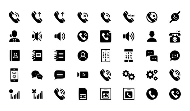 Telephone Glyph Solid Icons Set with Calling Communication Chat Contact and Mobile UI Symbols Vector