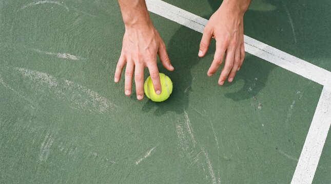 Bird&rsquo;s Eye View of Hands Bouncing Tennis Ball on Green Hard Court