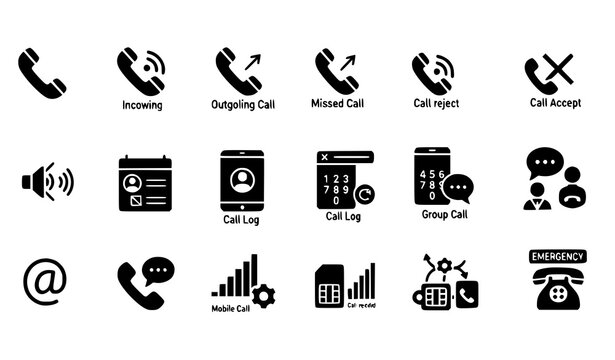 Telephone and Communication Glyph Icons Collection with Call Chat Contact and Mobile Symbols Vector