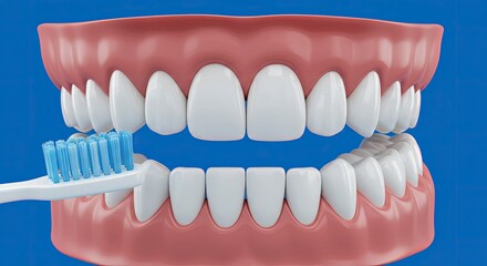 Obraz premium Close up of a tooth model with toothbrush on blue background