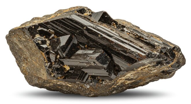 Close up of a rough edged dark crystalline mineral formation against white