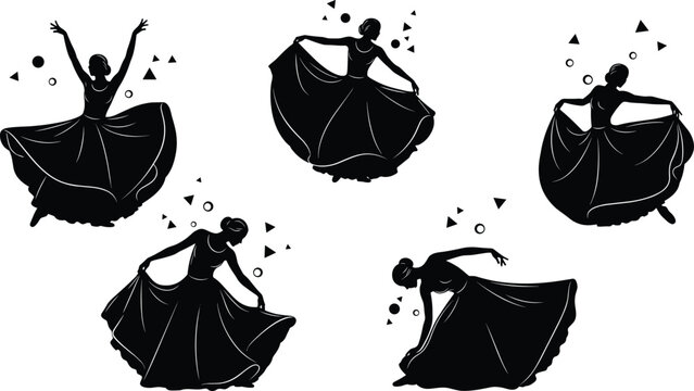 Elegant dancer silhouettes collection, flowing dress movements, ballet poses, artistic female performance, modern decorative elements, isolated black illustration set
