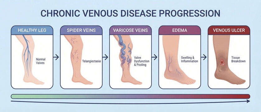 Chronic venous disease progression stages from healthy circulation to venous ulcer for vascular health medical education and clinical awareness