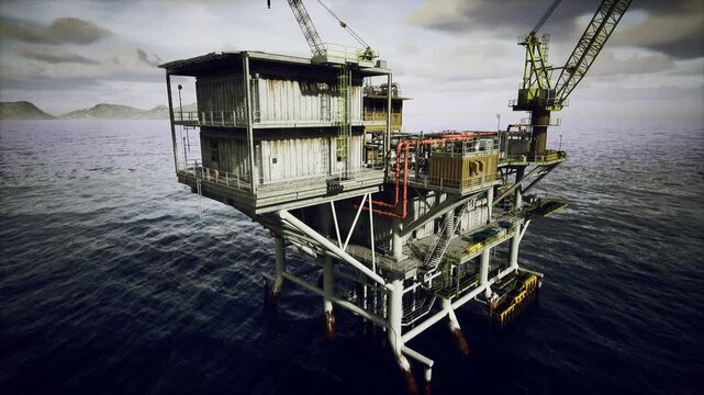 Oil rig platform under environmental monitoring survey with sensors and drone data collection, water sampling equipment and research vessel presence implied