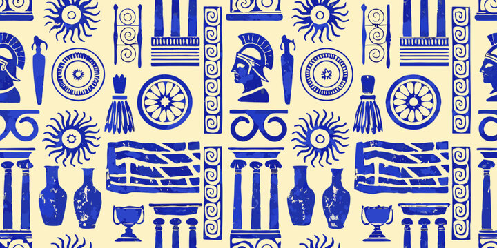 Ancient greek motifs and symbols in a repeating patterned design