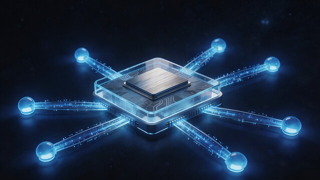 3D network topology visualization with holographic glass core switch node and fiber optic connections in star architecture with blue glowing data flow for technology website and presentation