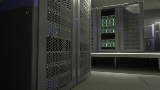 Raised floor server racks lined along aisle, modular power distribution units and redundant cooling ducts, overhead cable trays and tile floor, commercial