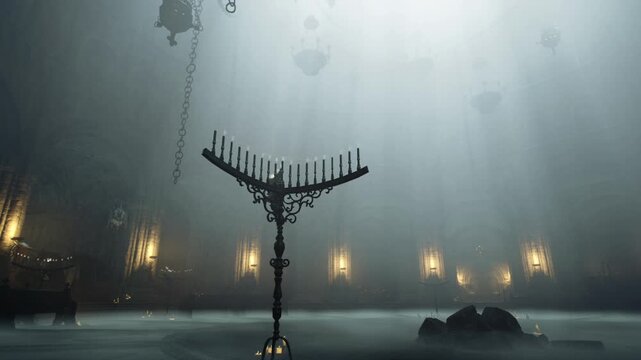 Subterranean sanctuary shrouded in pale fog, lone candelabrum silhouette and distant lanterns create cool, eerie ambiance with echoes and mossy stone surfaces