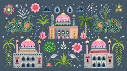 Colorful indian folk art featuring peacocks domes and floral motifs © Indira