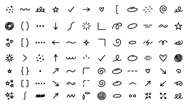 Large collection of hand drawn black ink doodles with arrows hearts stars and swirly symbols