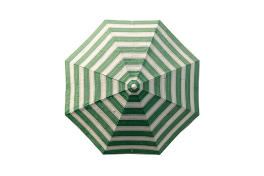 Beach umbrella with green and white stripes providing shade and sun protection during a relaxing summer vacation, top view with transparent background