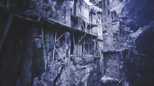 Abandoned mine walkway clings to cliff, icy blue dusk light bathes rusted scaffold frames and jagged rock face, powder snow and frost coating metal beams,