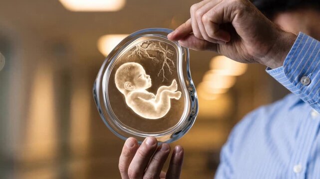 Diagnostic glowing fetal embryo model petri dish held by laboratory researcher showing umbilical