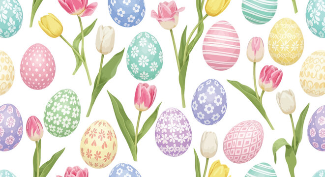 Easter seamless pattern with colorful decorated eggs and tulips, spring holiday, watercolor hand drawn illustration