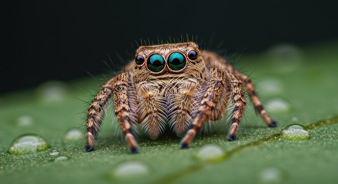 Close up of jumping spider on leaf with water droplets nature photography