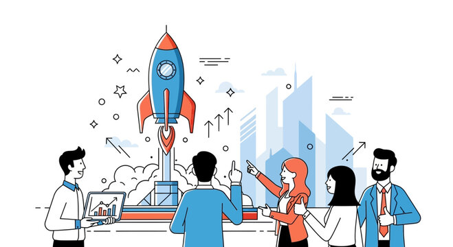 Vector illustration of business team launching rocket