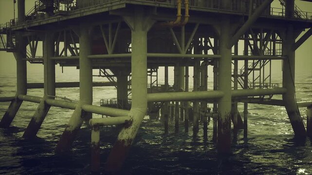 Understructure oil rig support columns over restless sea, visible erosion marks and algae, analytical perspective ideal for environmental and engineering