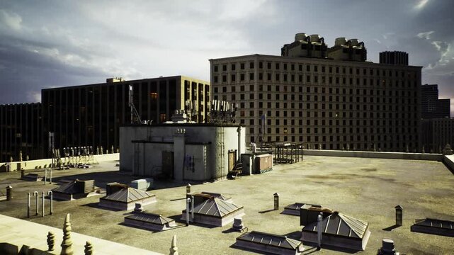 Industrial rooftop foreground with Chicago skyline, weathered HVAC units, gravel surface, scattered vents and low parapet under heavy lateafternoon clouds.