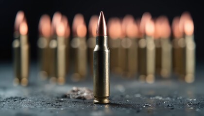 Naklejka premium Single rifle bullet stands sharp in foreground. Many blurred bullets recede into dark background. Ammunition rests on gritty surface. Metal, sharp projectile, and ammunition.