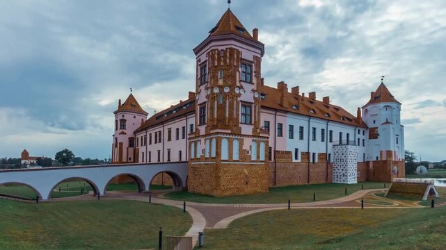 Stunning view of the Mir castle in mir city belarus on an overcast day, Awesome architecture , UNESCO World Heritage site, emphasizing its medieval strength and cultural significance.