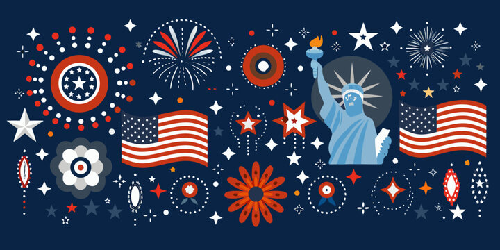 A patriotic illustration featuring the statue of liberty and fireworks