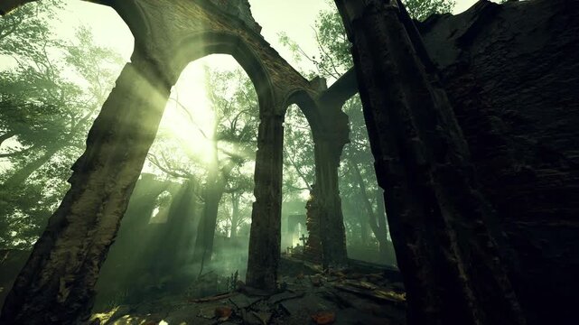 Golden beams of sunlight pierce through crumbling arches, illuminating the serene decay of a mystical forest. The atmosphere is serene, offering a glimpse into nature reclaiming the past.