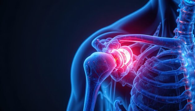 3D medical illustration of glowing shoulder joint pain and inflammation in dark blue background