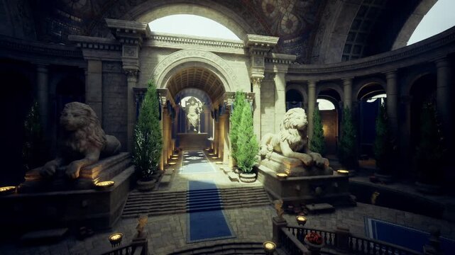 triumphant entrance with guardian lions and blue carpet, welcoming aura under sunlit arches, cypress framing opulent classical detailing and inviting pathway