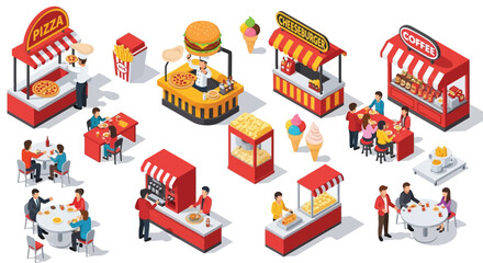 Isometric illustration of various food stands and people enjoying meals © Naksha