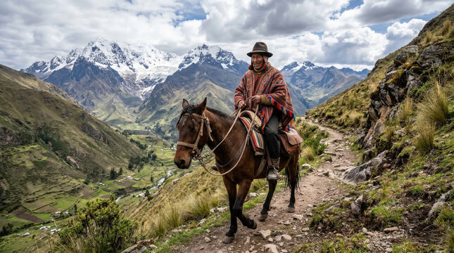 Peruvian man in traditional poncho rides horse through Andean mountain valley