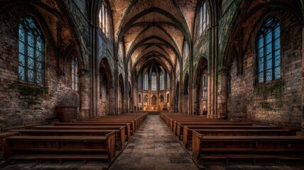 Obraz premium Interior View of an Old Gothic Church with Arched Ceiling and Wooden Benches, Religious Architecture