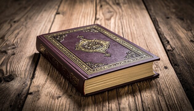 Ornate Quran book resting on rustic wooden surface.