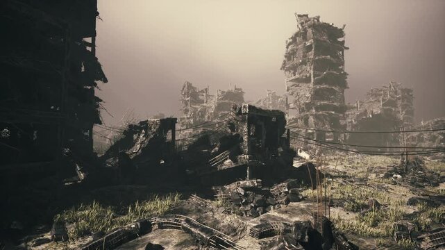 salvager working at dawn among collapsed concrete blocks hauling metal and sorting salvage, pale mist softening jagged silhouettes, industrious mood