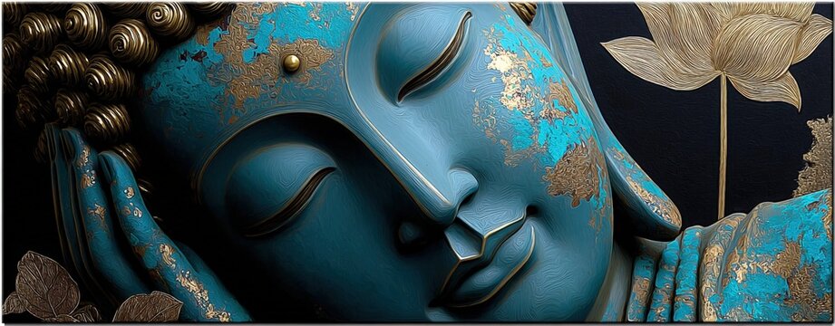 Serene Sleeping Buddha Statue with Lotus, Teal and Gold Aesthetic for Wellness and Spirituality