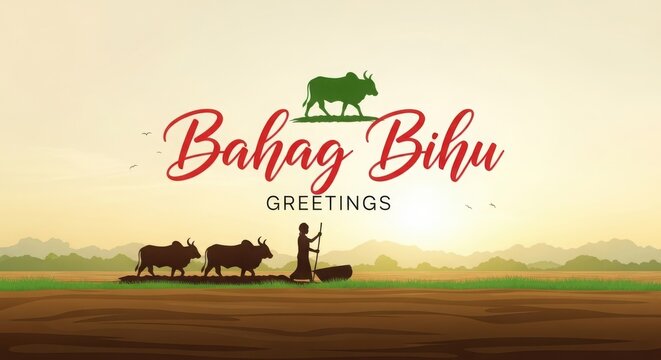 Festive bahag bihu greetings illustration with cattle mountains and a sunset backdrop