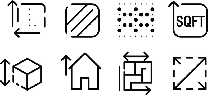 Real estate floor plan vector icon set featuring square feet, house dimensions and area measurement