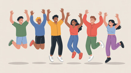 Obraz premium Diverse group of people jumping up with arms raised in celebration and joy on beige background