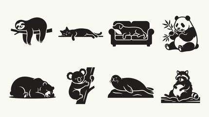 Fototapeta premium Relaxed Animals Icon Set Vector – Black Silhouette Illustrations of Sloth, Cat, Panda, Bear, Dog, Seal, Koala, Red Panda in Resting and Calm Poses