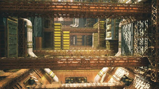 sunlit industrial atrium with scaffolding and pipes, layered girders create deep shadows and warm highlights, yellow storage stacks flank metal catwalks,