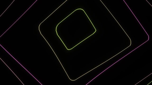 Glowing Green Pink Outlined Squared Moving Towards Camera in Seamless Tunnel Loop, Abstract Digital