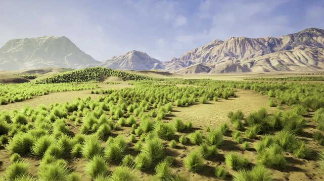 morning haze over regenerating shrubs and mountain ridgeline, field scientists conducting soil sampling and germination tests, cool light and focused research